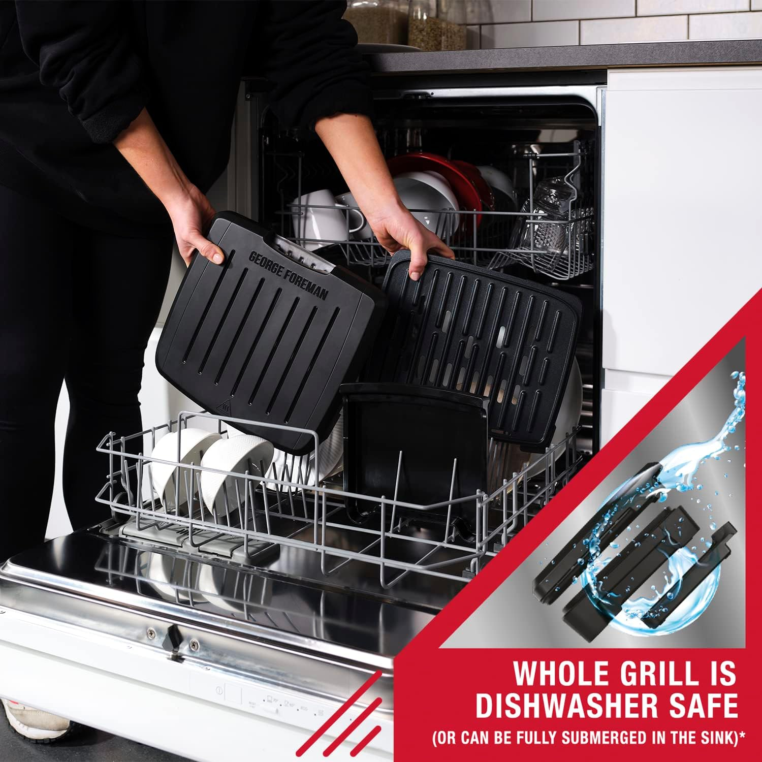 George Foreman Immersa Small Electric Grill [Removable Control Panel Allows Grill Machine to Be Fully Washable & Dishwasher Safe, Energy Saving, Healthy, Toastie, Panini, Hot Plate, BBQ] Black, 28300