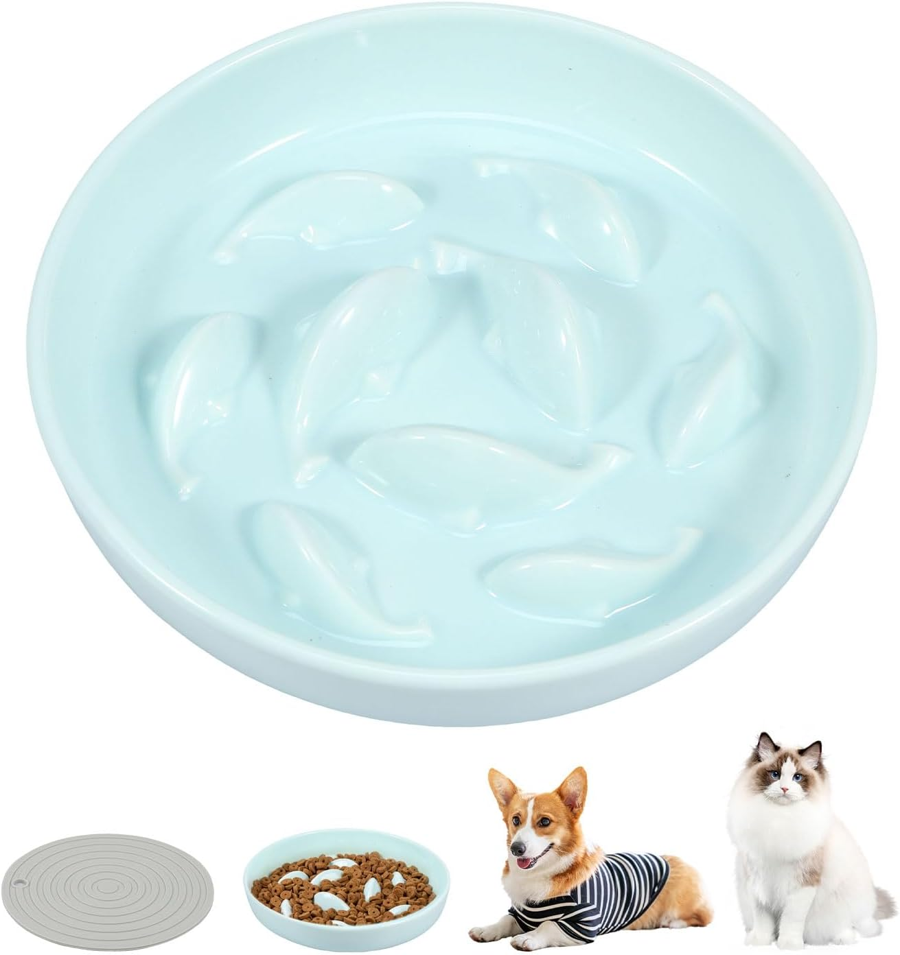 Slow Feed Dish for Cats and Small Dogs with Non Slip Mat Raised Edge Slow Eating Cat Bowls anti Vomiting anti Gulping Healthy Eating Diet Pet Bowls Reusable Slow Feeder Dish Fish Shape Design Pet Food
