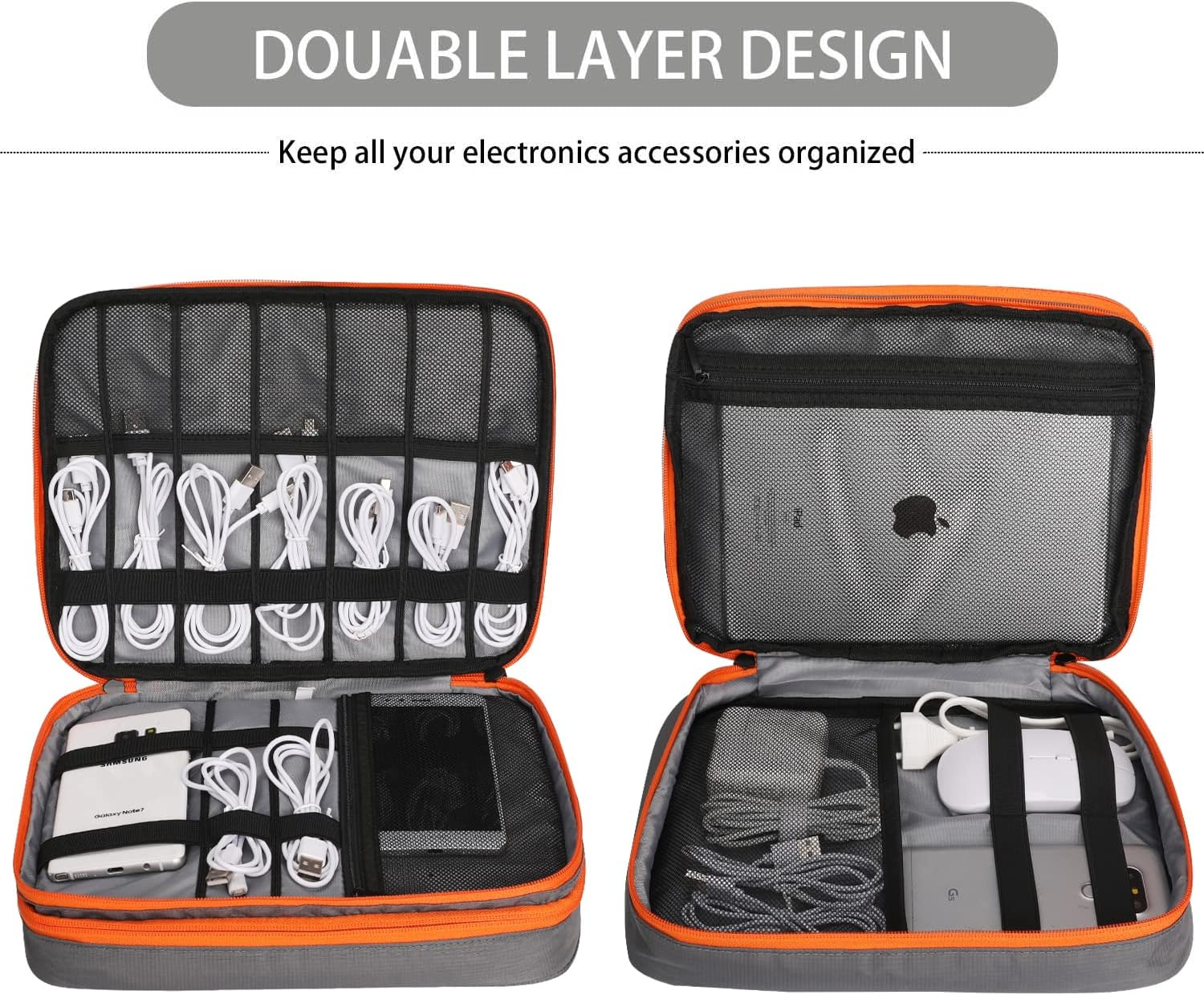 Double Layers Large Capacity Travel Electronic Accessories Organizer Bag, 2 Front Pockets Travel Gadget Carry Case, Perfect Size Fit for Ipad,Iphone,Cables,Power Bank,Tablet(10.2&rsquo;&rsquo;)-Grey