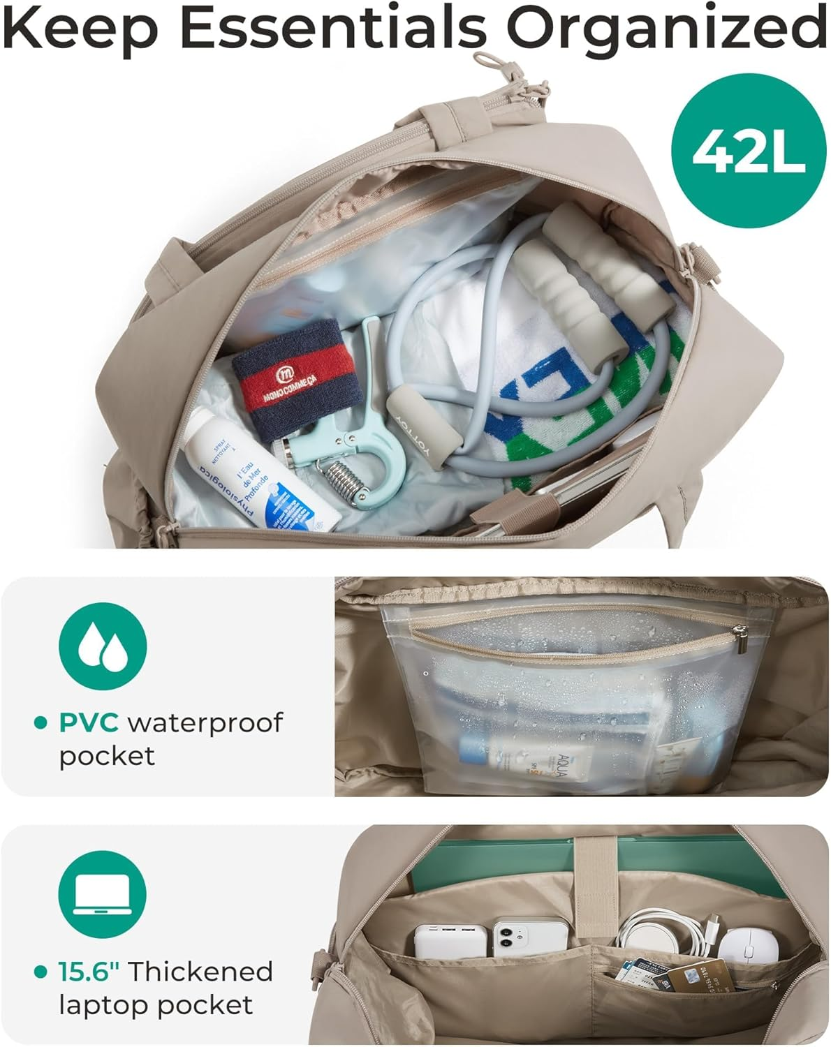 Gym Bag for Women, Tennis Bag Holds 2 Rackets with Shoe Compartment & Wet Pocket, Sports Duffle Bags Fits up to 15.6" Laptop, Women Overnight Weekend Bags image number 2