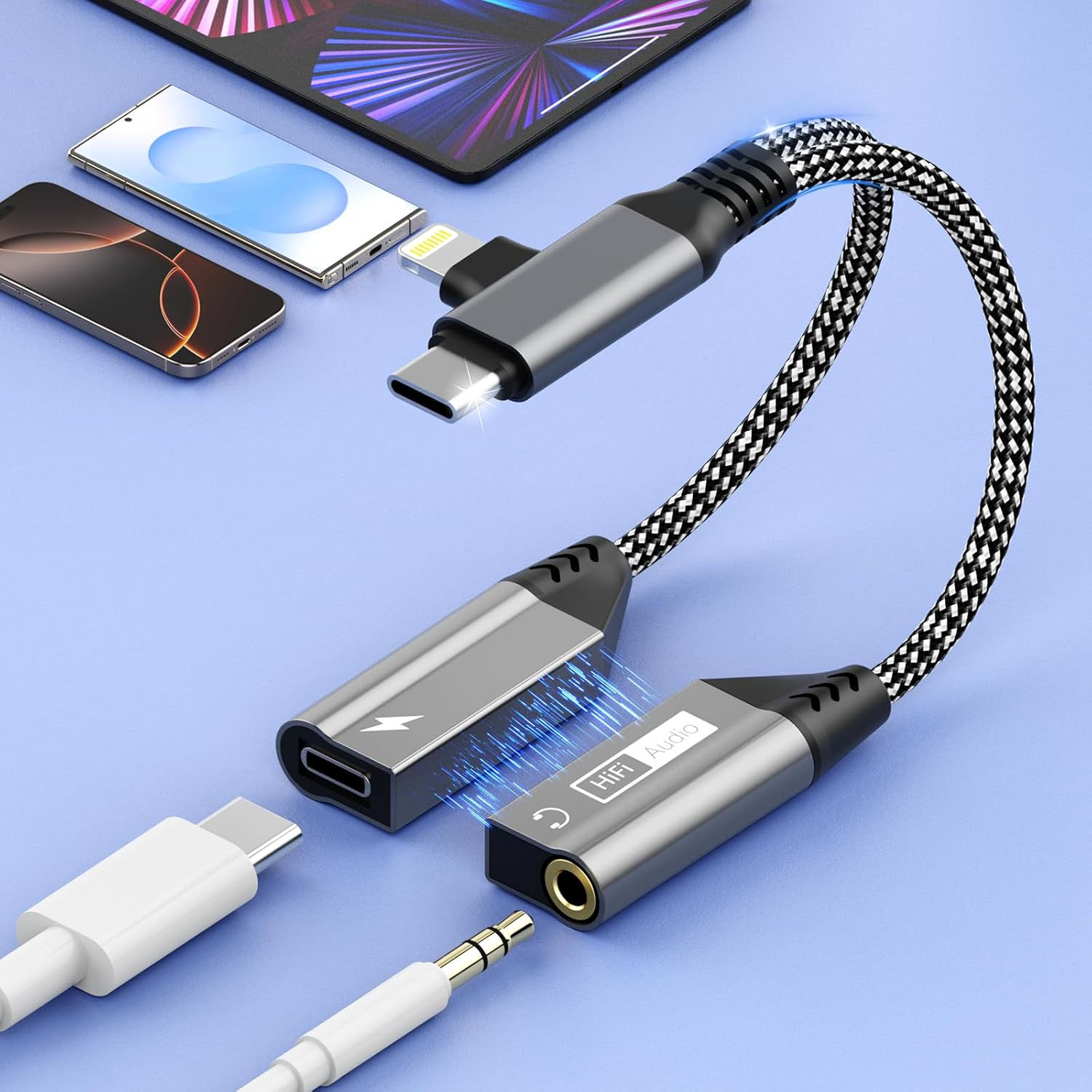 2 in 2 Magnetic Lightning + USB C to 3.5Mm Headphone Jack and Charger Adapter for Iphone, PD60W Hi-Res Aux Audio Headphone Splitter Cable Adapter for Iphone 16 15 14 13 12 11 Xr/Ipad/Ipad/Samsung S25 image number 2
