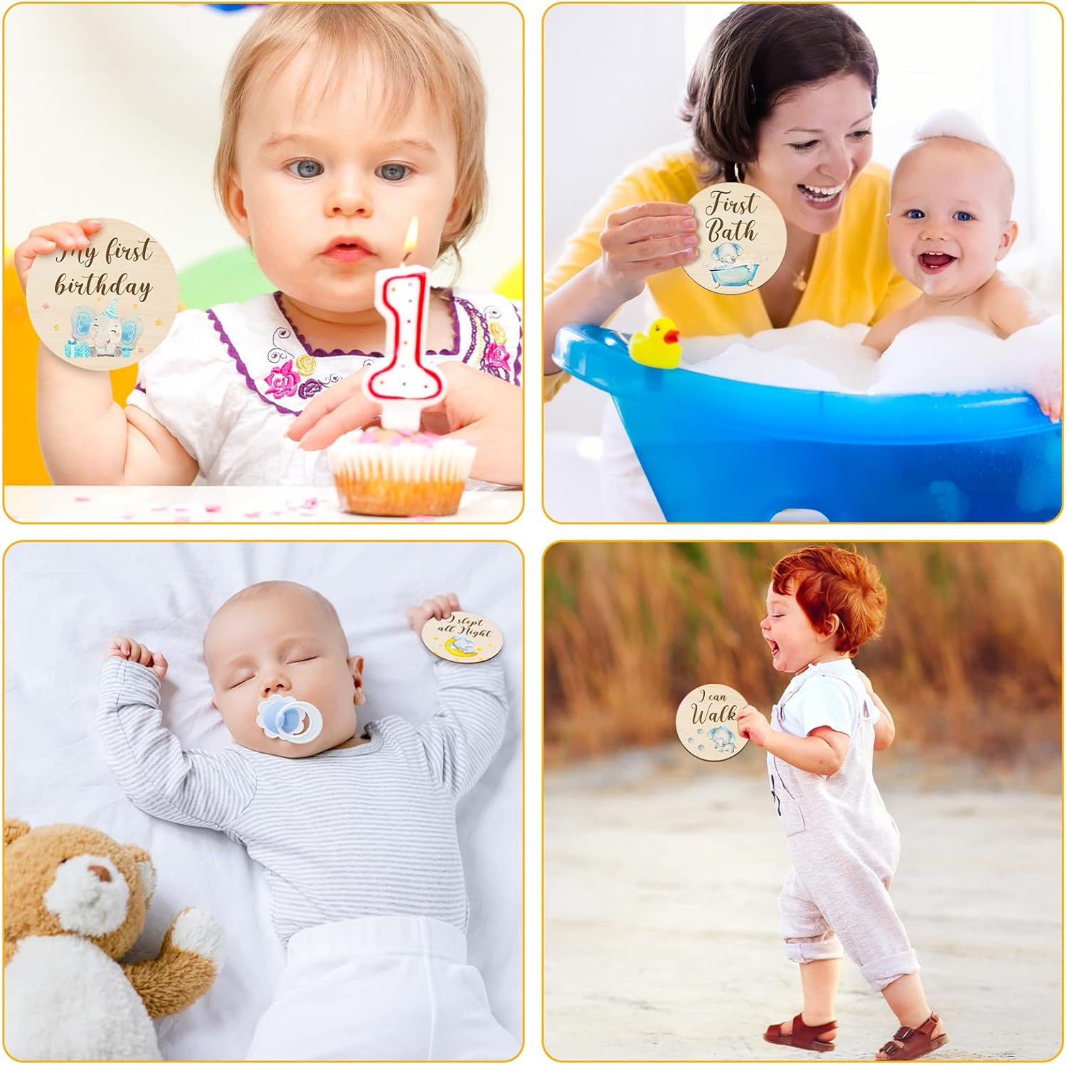 16 Pieces Wooden Baby Monthly Milestone Cards Baby Monthly Milestone Marker Discs Double Sided Monthly Milestone Wooden Circles Baby Months Signs for Baby Shower Newborn Photo Props(Blue Elephant) - Fresh Flowers image number 3