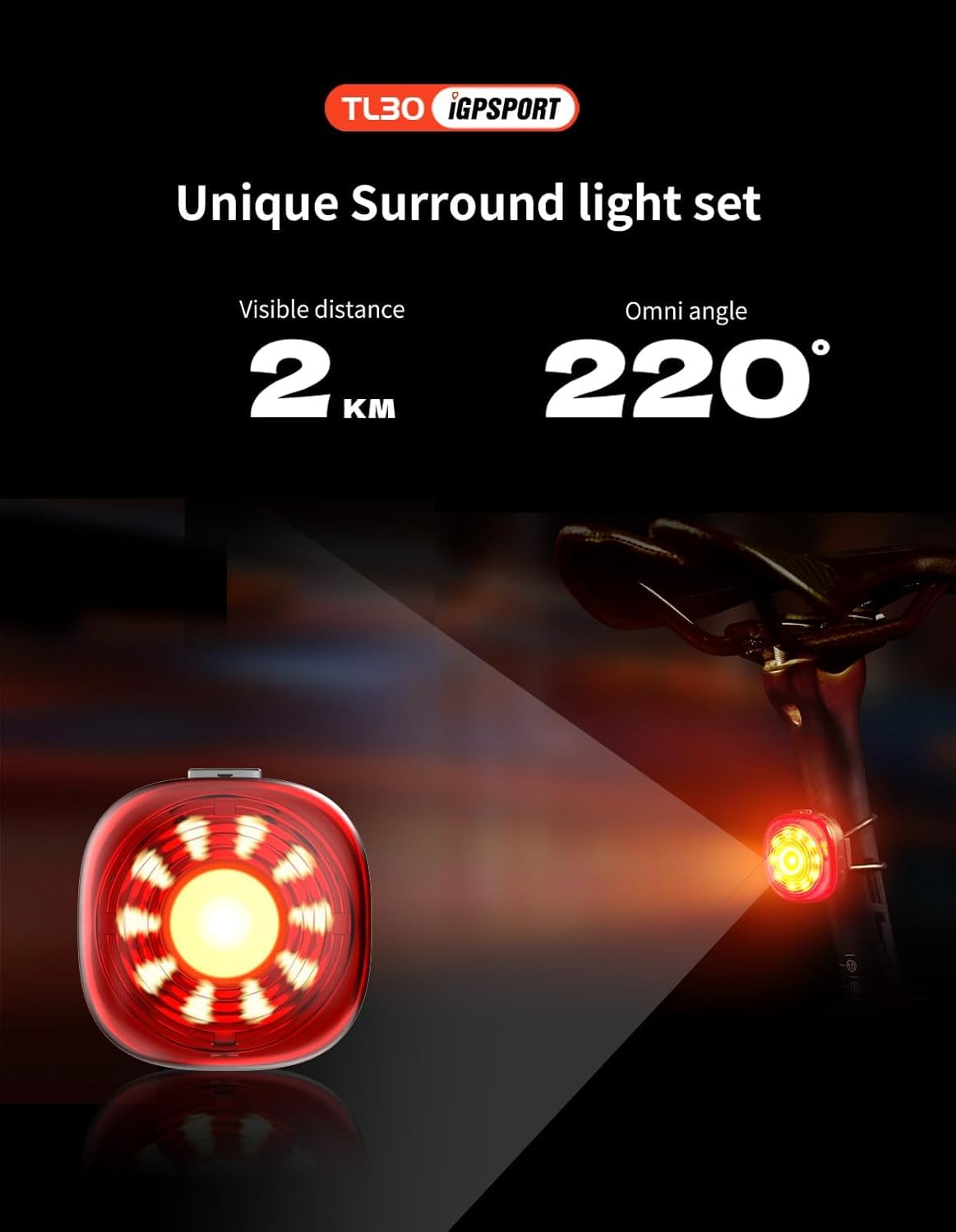 Igpsport TL30 Smart Rear Bike Light, Bluetooth 6 Modes Rechargeable 50H Run Time IPX7 Waterproof Bicycle Tail Light