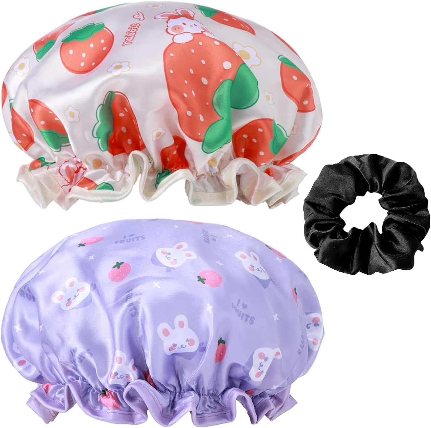 2 PCS Shower Caps with 2 Hair Ties - Waterproof Double Layer Cute Rabbit Bonnets, Satin & PEVA Soft Sleeping Cap with Elastic Band image number 2