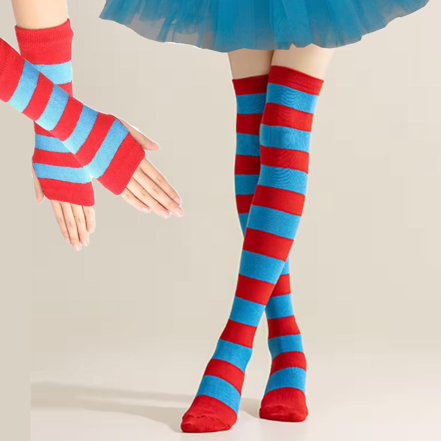 Roczential Red and Blue Women'S Clothing Set Includes a Blue Tutu, Striped Socks, Stretch Gloves, a Headpiece, a Halloween Costume, Accessories, and a Book Week Outfit image number 6