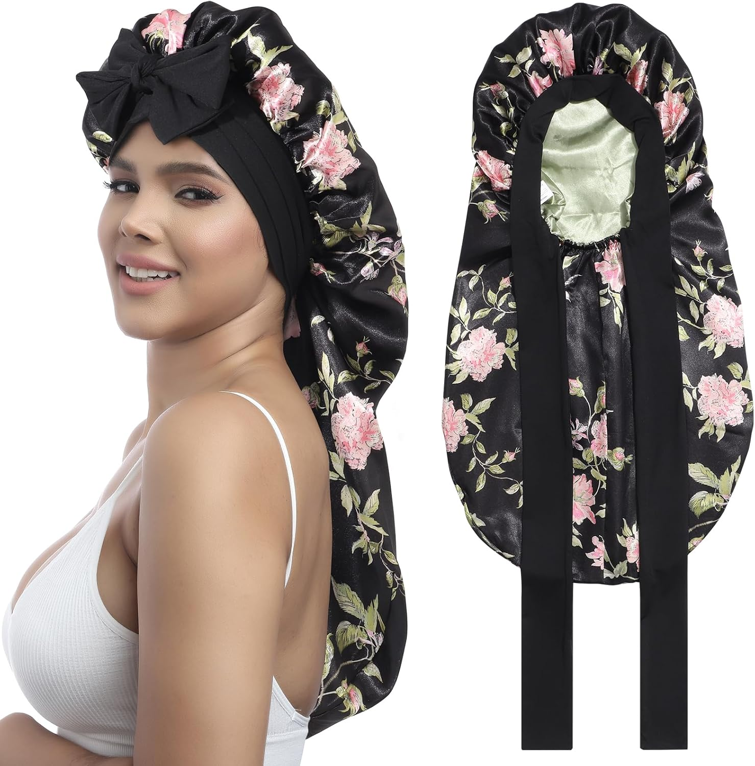 AWAYTR Long Satin Bonnet for Women - Double Layer Elastic Silk Bonnet for Braids Hair Sleeping Cap with Tie Band