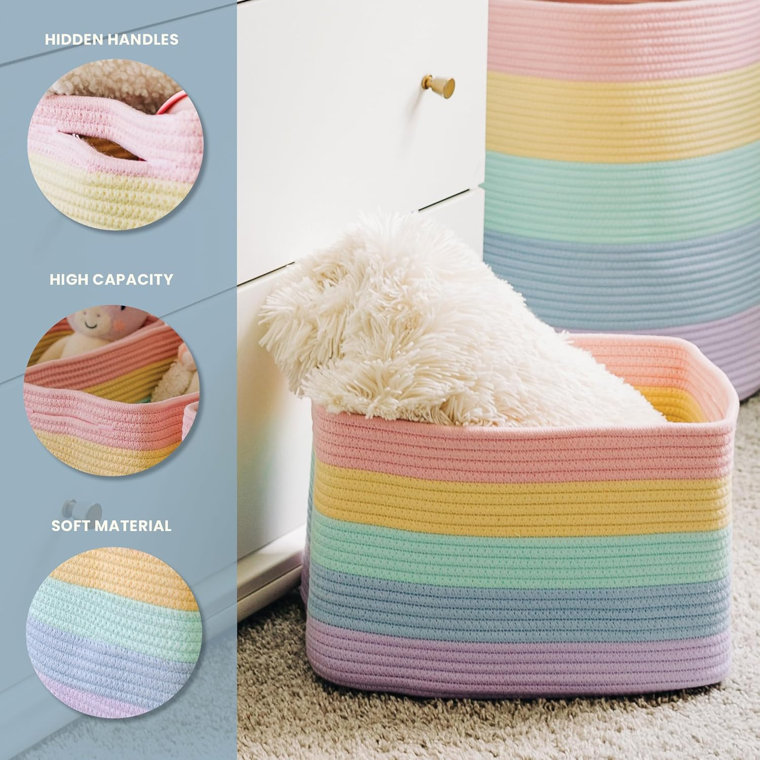 Organihaus Set of 3 Cute Rainbow Storage Basket for Toys & Cloths | Cotton Rope Basket for Decor | Shoe Basket Organizers & Storage | Decorative Storage Baskets & Bins | Woven Baskets for Storage image number 4