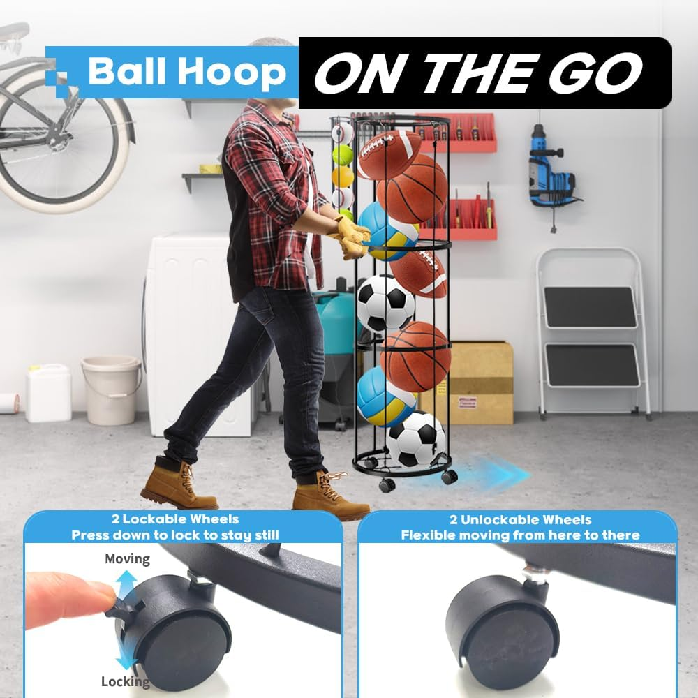 Ball Storage Rack with 4 Hooks&Wheels,150*30Cm 3 Layers Garage Ball Storage with Small Balls Basket,Ball Holder with 1 Ball Net & 2 Inflation Needles for Basketball,Soccer,Baseball&Accessorries image number 1