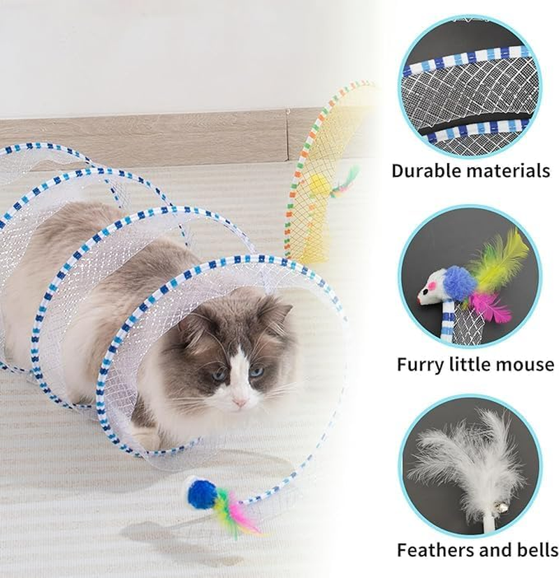 Andiker Cat Tunnel Toy, 10 Inch Foldable Metal Cat Feather Toy with Nylon Net, Feather, Mouse and Bell, Interactive Cat Toy for Indoor Cats (Yellow) image number 5