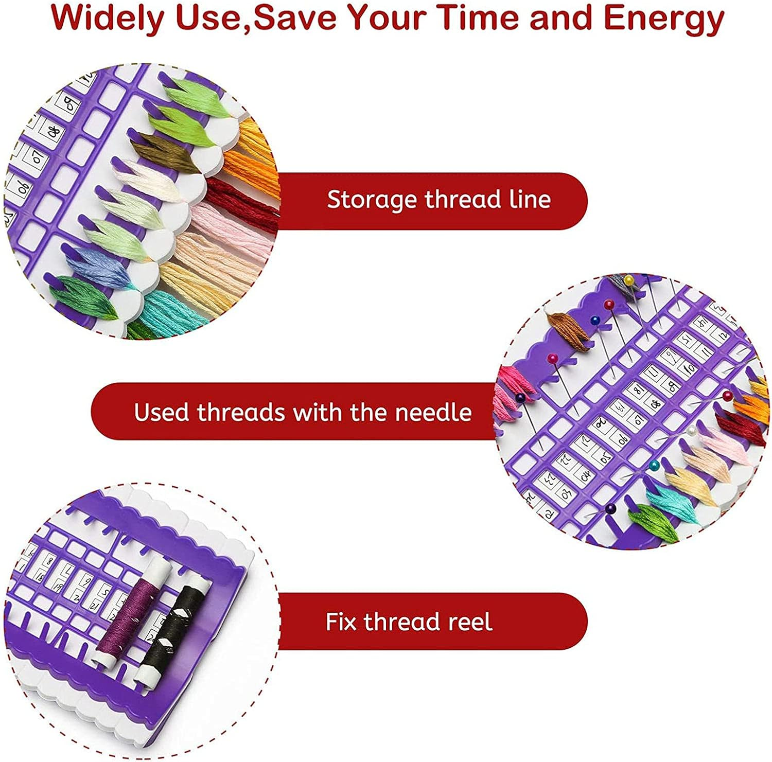 TENOL Sturdy Embroidery Floss Organizer with 50 Positions, Stitch Holder, Embroidery Threads Organiser Sorting Board with Sheets , Purple image number 6