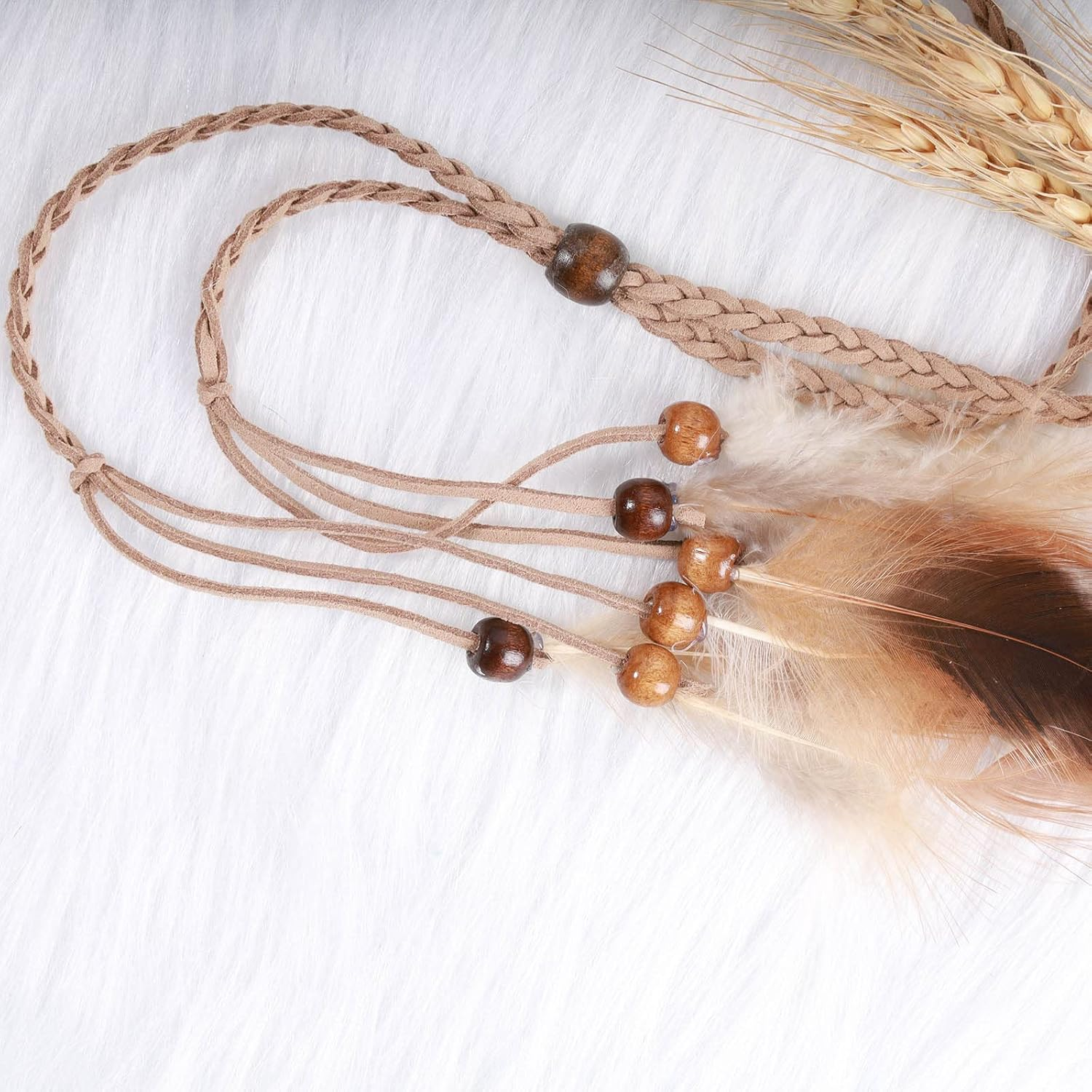 Tseenyi Gypsy Feather Headband Hairband Boho Feather Hairband Beads Feather Tassel Headband Jewellery for Women and Girls Christmas Stage Performance (Beige) image number 4