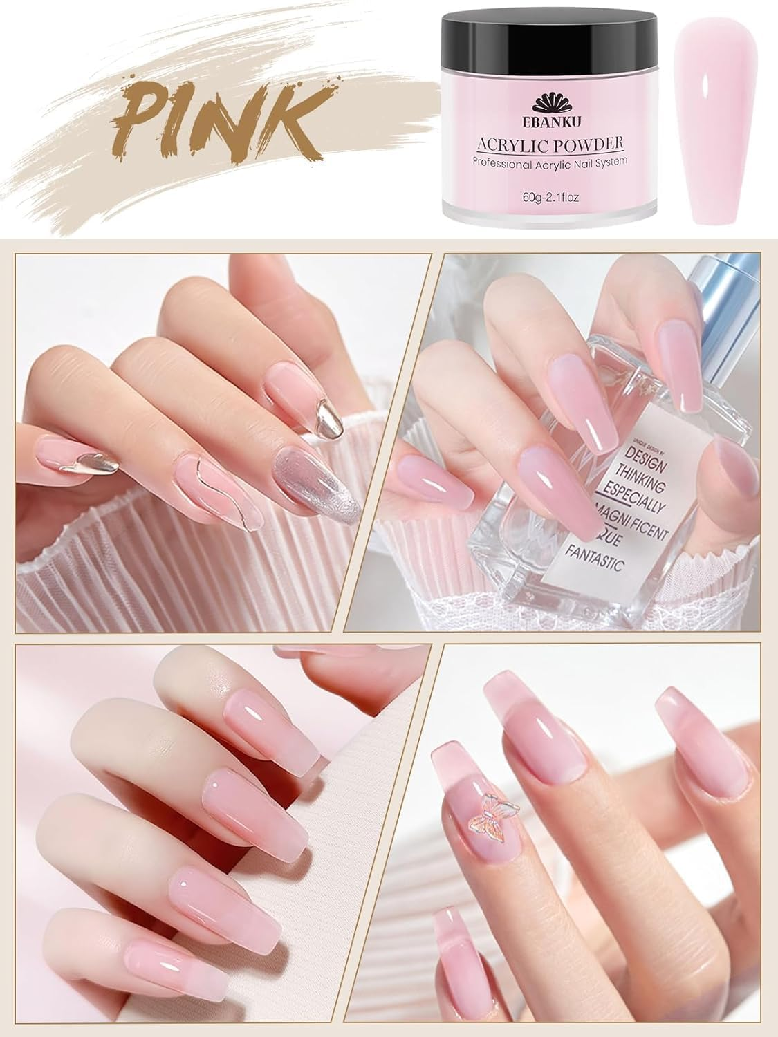 Kalolary Acrylic Nail Powder Set, 2 Colors Pink White Acrylic Powder Professional Nail Acrylic Powder for Nail Acrylic Extension, Nail Carving, Long-Lasting, No Nail Lamp Needed, 2.1 Oz image number 4