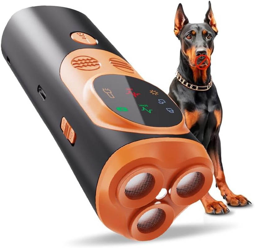 Dog Bark Deterrent &ndash; Ultrasonic Dog Training Device with LED Light, 3-Head 50Ft Range Anti-Bark Control, Rechargeable Handheld Dog Repellent with Dual Frequency, Pet-Friendly & Portable (Orange)