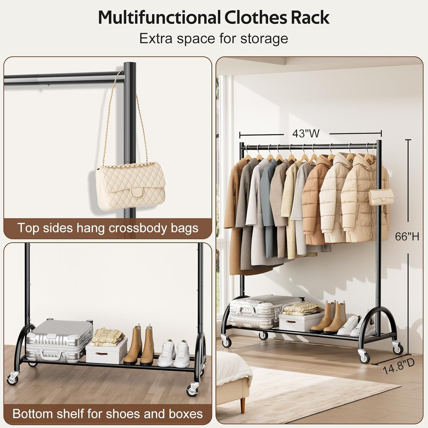 MISSLO Heavy Duty Clothing Rack with Wheels Rolling Clothes Racks for Hanging Clothes, Coats, Garment, Dress, Black image number 6