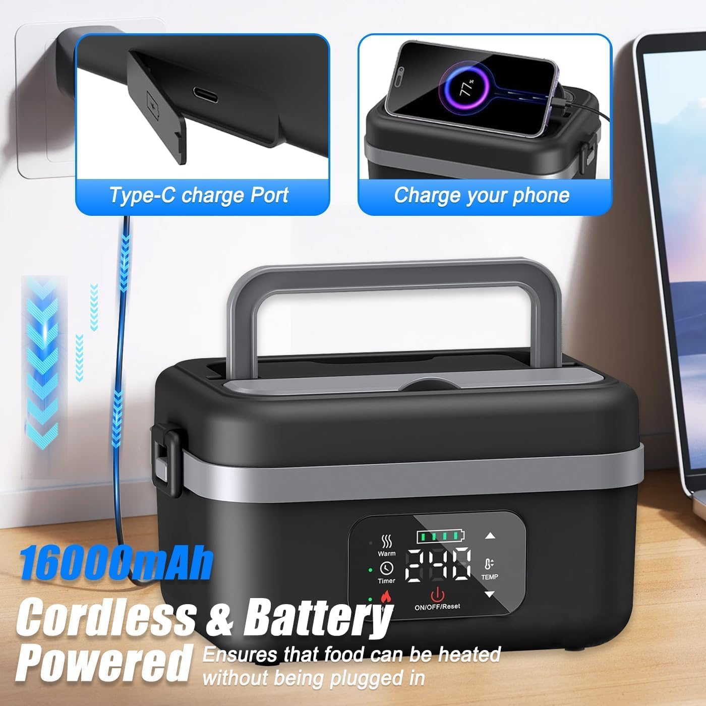 Portable Electric Lunch Box Food Warmer Heater Adult with Fork Spoon Carry Bag, Cordless Waterless Heating, Thermal Stainless Steel Lunch Box Insulated, Bento Lunchbox image number 1