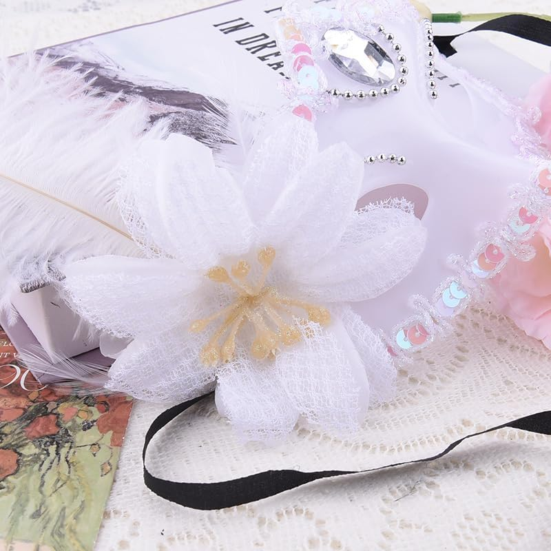 White Masquerade Eye Mask for Women Girls Cosplay Party Decoration Rhinestone Lace Feather Masks for Halloween Costumes Masquerade Accessories image number 4