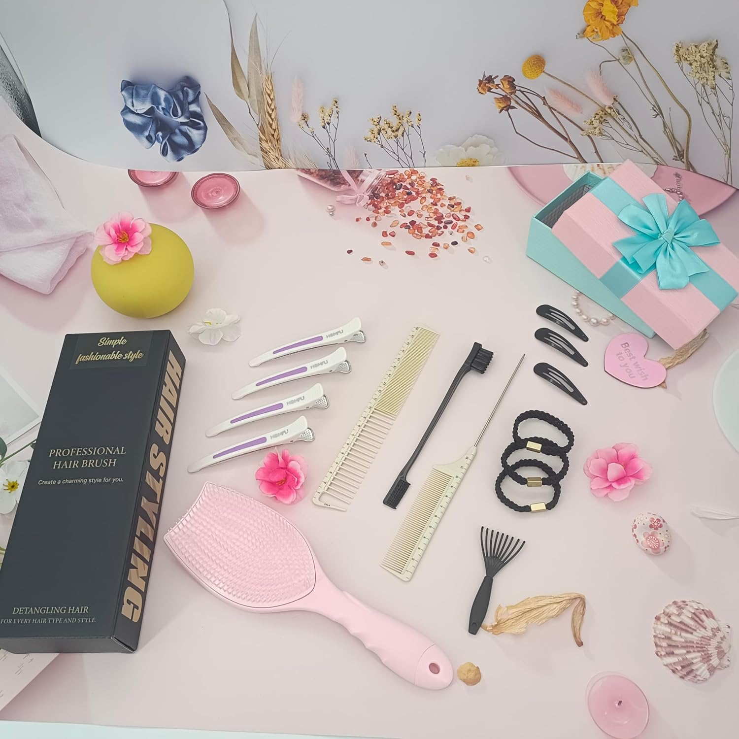 Hair Brush Set with Hairs Clip Ties 15PCS Women Styling Brushes Gifts Chrimstas Birthday Festival Detangling Hairbrush Rat Tail Comb for Parting Styler Hair Care image number 5