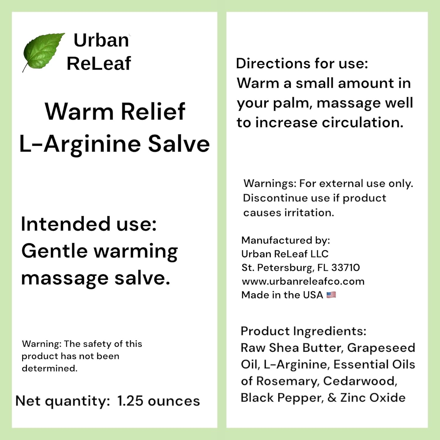 Urban Releaf Warm Relief L-Arginine Salve ! Shea Butter & Botanicals, 100% Natural. Gentle Circulation Warming Massage Cream. image number 2