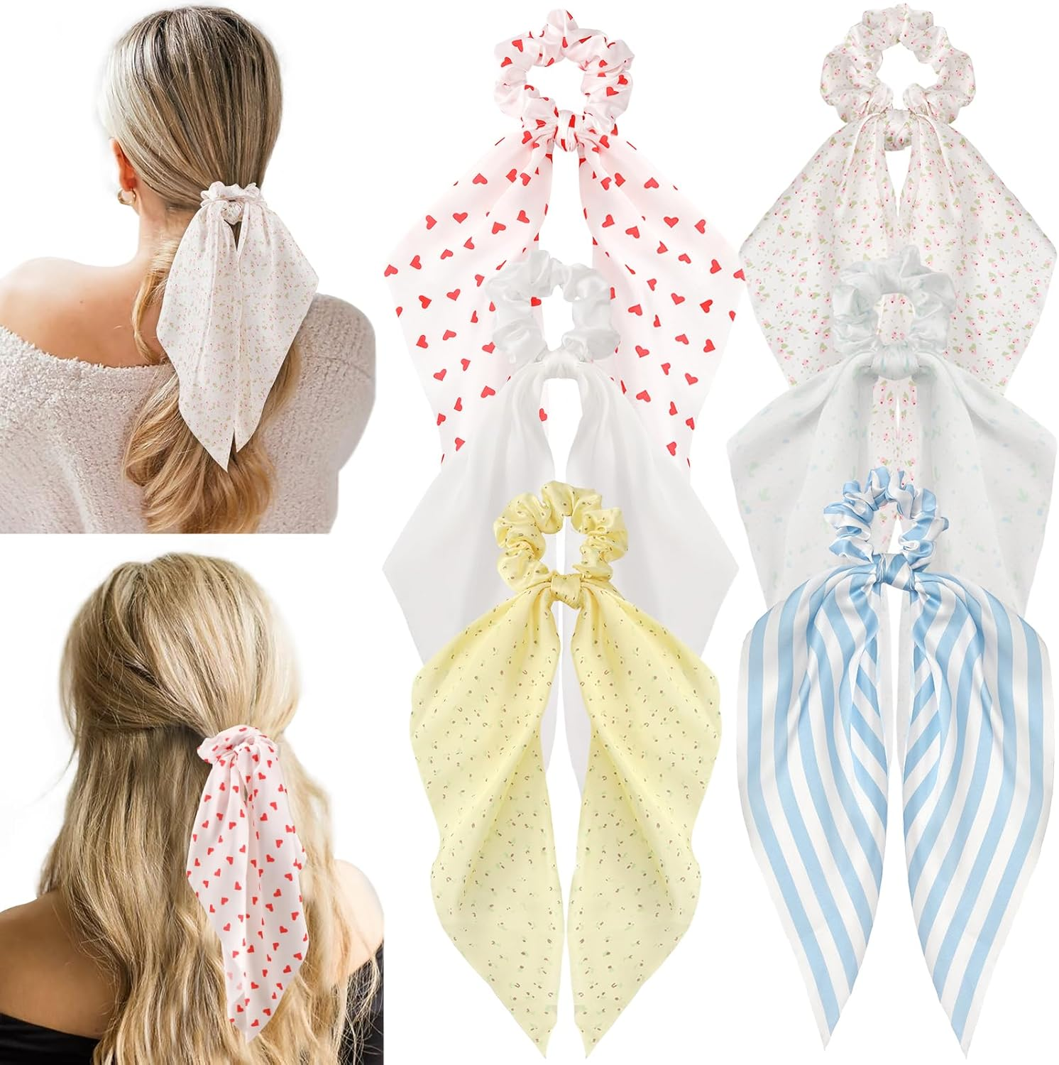 6 PCS Bow Silk Scrunchies, Hair Ties with Bows, Hair Scrunchies for Women Girls, Knotted Bows Silk Hair Ties, Satin Hair Ribbon Elastic Hair Tie, Valentine'S Day Gifts