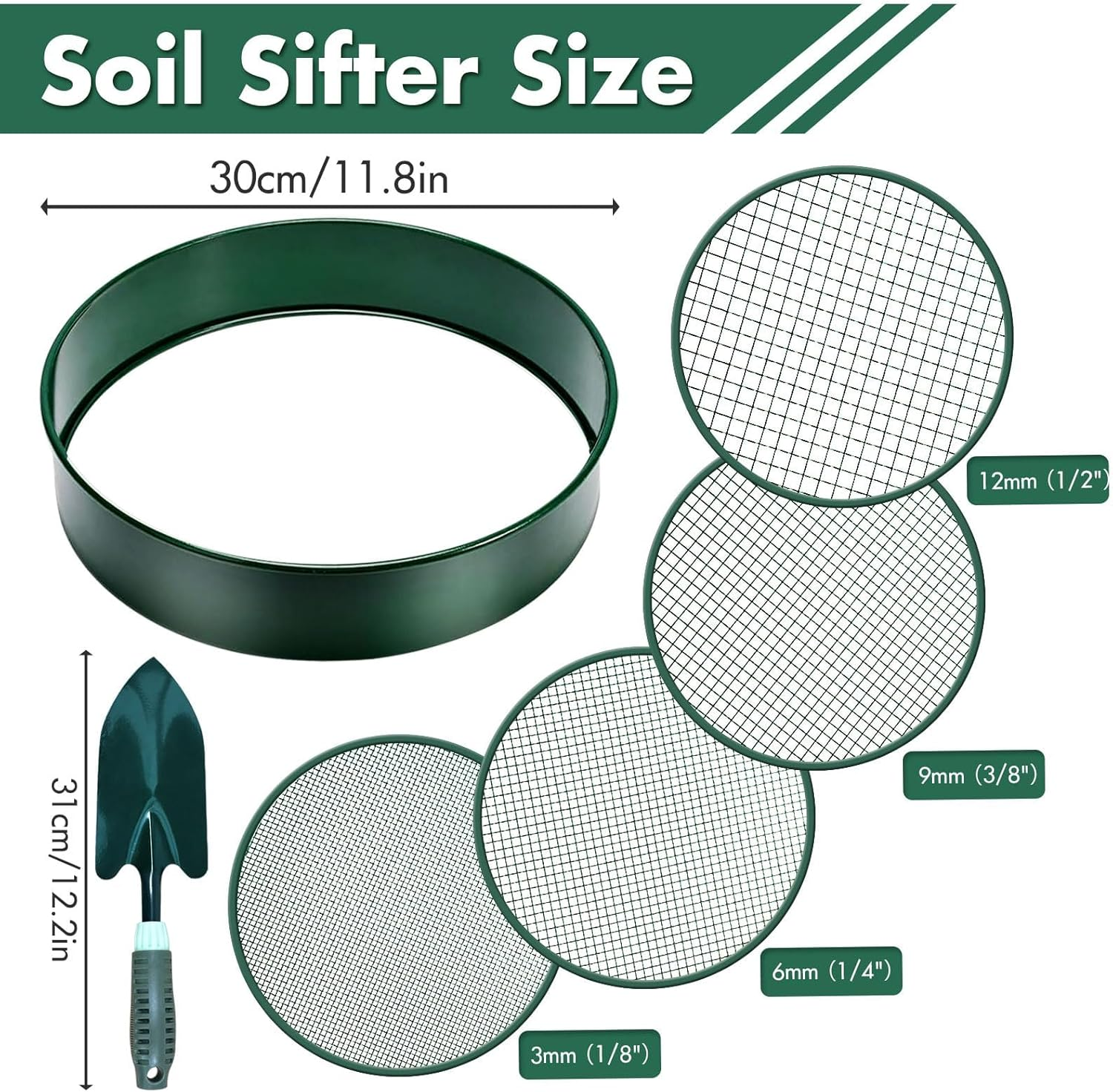 Soil Sifter, 30 Cm Fine Mesh Stainless Steel Soil Sifter for Gardening, Compost Sifter with 4 Interchangeable Filter Mesh Sizes 3,6,9,12Mm and Shovel, Soil Sieve for Sand Rocks Dirt Compost image number 4