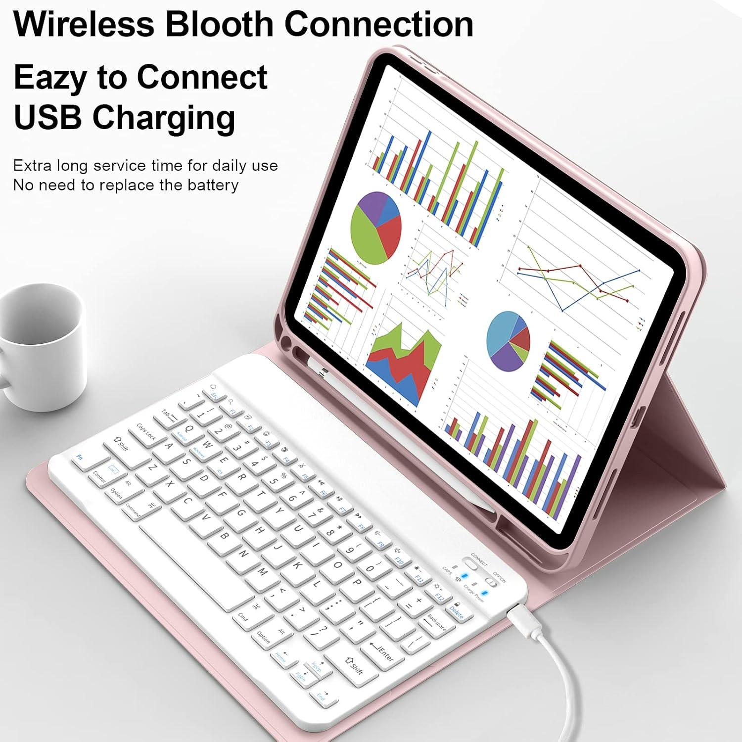 ZKTUYU for Ipad 11Th 10Th Generation Keyboard Case A16 2025 2022 11 Inch / 10.9 Inch with Pencil Holder, Magnetic Detachable Wireless Bluetooth Folio Stand Rechargeable Keyboard Cover, Pink - Grey image number 4