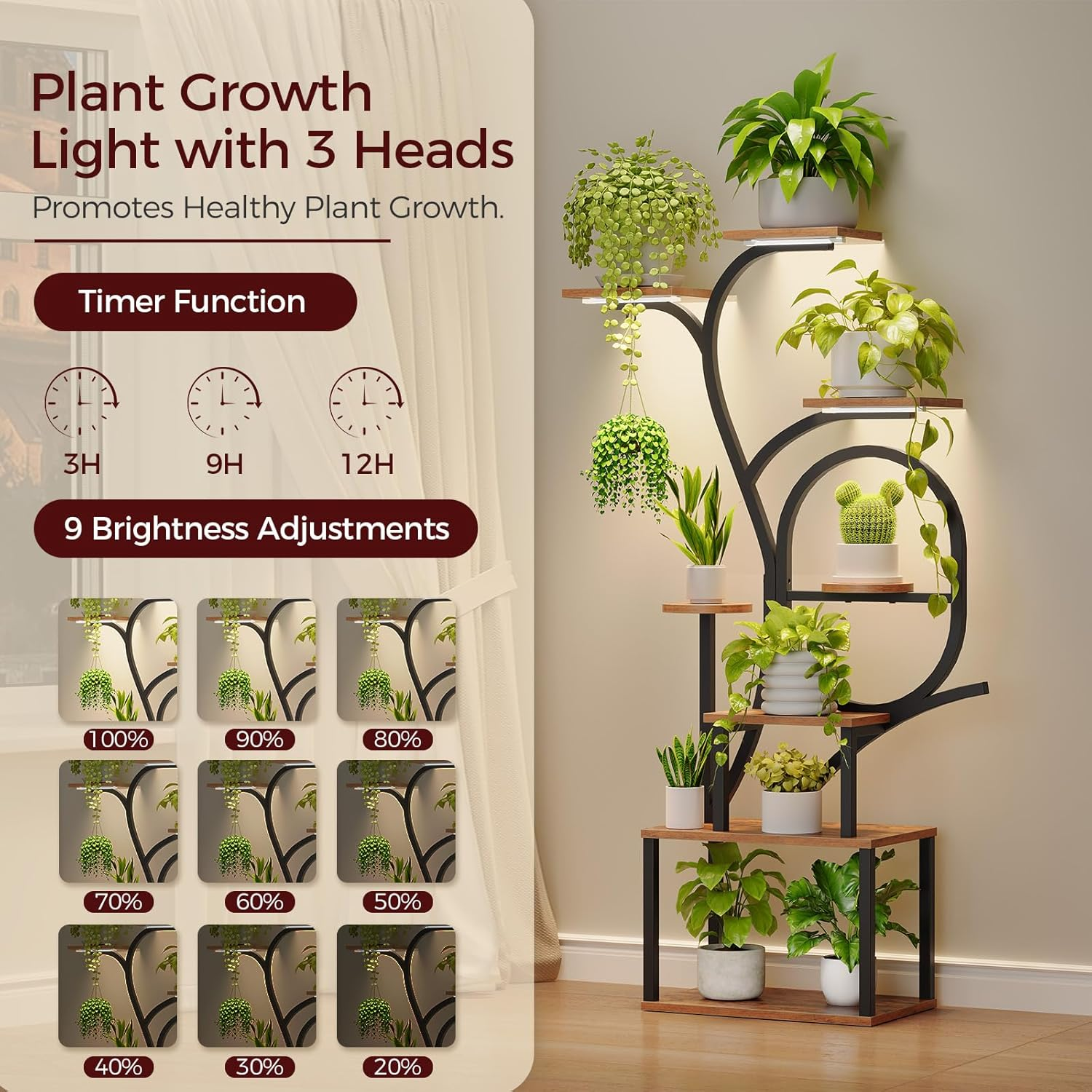 MAHANCRIS Plant Stand Indoor with Grow Lights - 60" Tall Plant Shelf, Indoor Plant Lighting Stands, 8 Tiered Flower Holder, S-Shaped Decorative Rack for Living Room, Rustic Brown and Black PSHR170AE01 image number 4