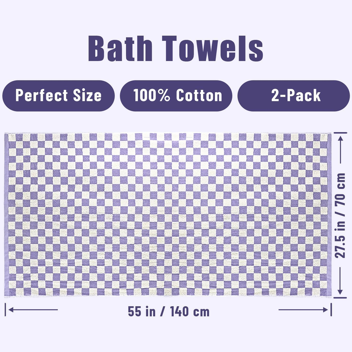 Jacquotha Shower Towels for Bathroom 27.5X55 Inches - Quick Dry Bath Towels Extra Large (2Pack), Cute Towels Checkered Bathroom Towels Set Lilac, 520GSM Absorbent Cotton Towels image number 1