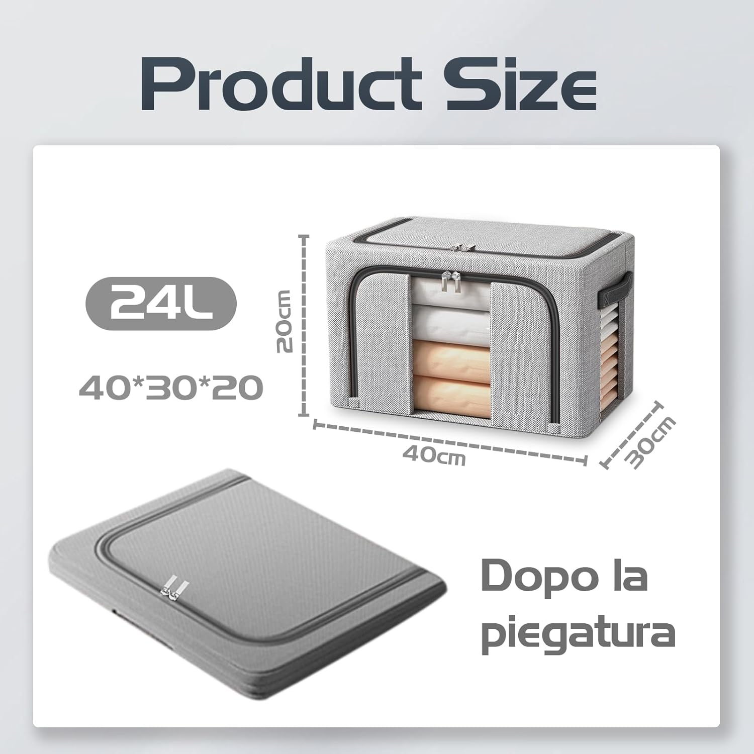 Resszo Pack of 3 Foldable Storage Boxes, 24 L Cupboard Organiser for Clothes Storage & Organisation, with Metal Frame and Zip, Suitable for Duvets, Blankets and Clothes - Grey image number 6