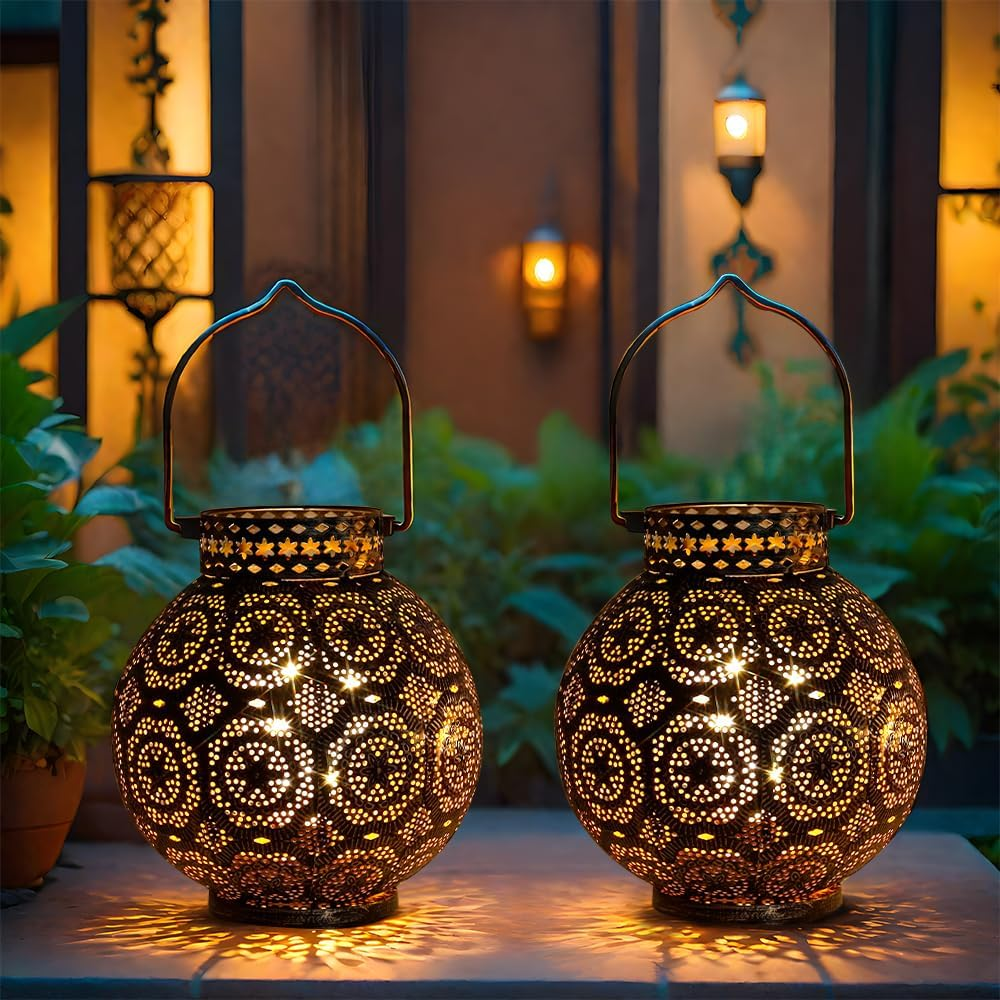 TRIROCKS Set of 2 Moroccan Decorative Lamps 7'' High Battery Powered Cordless Lamp Metal Table Lamps with Fairy Lights Bulb for Home Living Room Garden Yard Party Events Tabletop Indoor Outdoor(Brown)