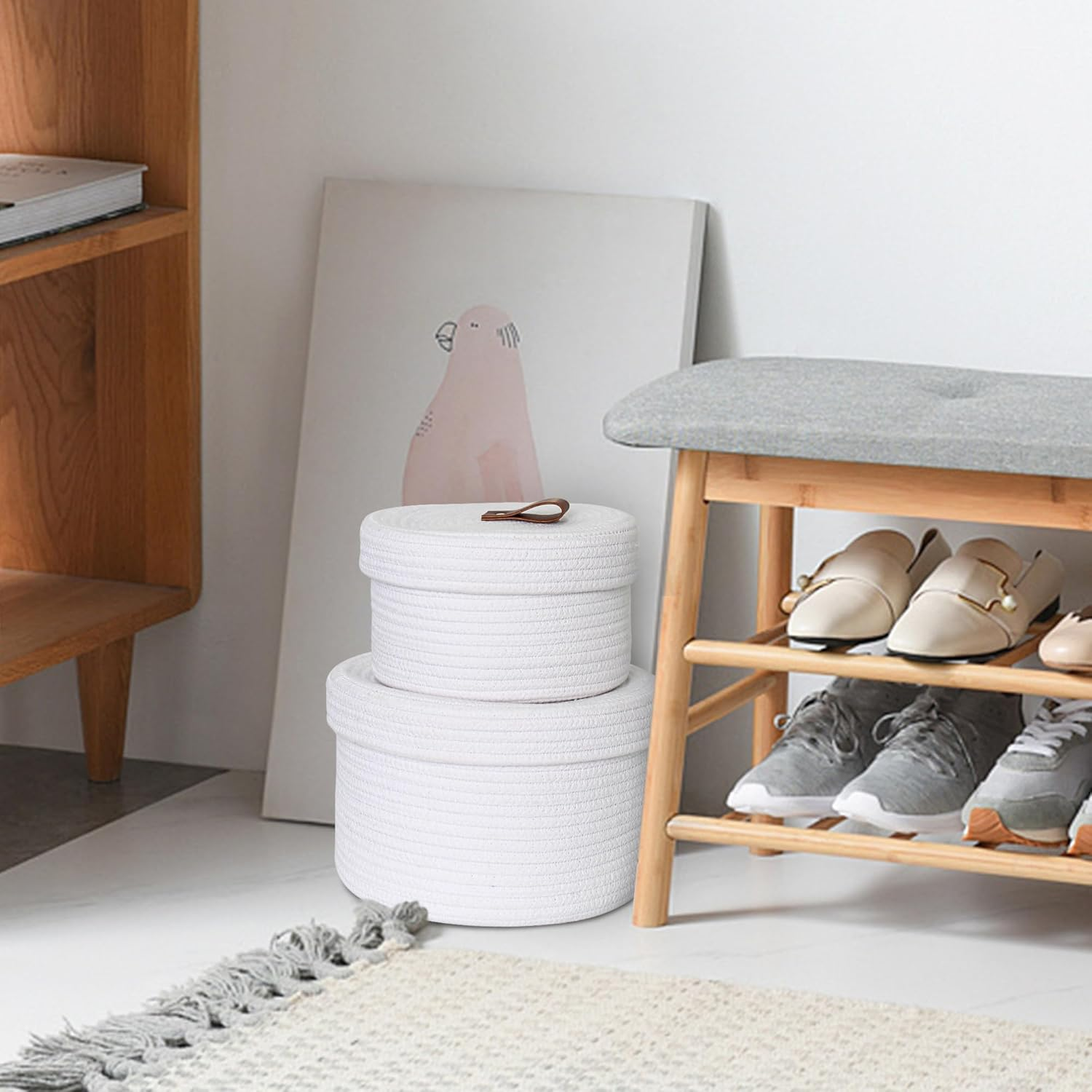 HONCESTA Small Basket with Lid, Set of 2 Cotton Rope Storage Basket with Lid, Decorative Woven Storage Bin with Cover, Lidded round Baskets for Organizing, Cute Toy Box, Shelf Basket for Decor, White