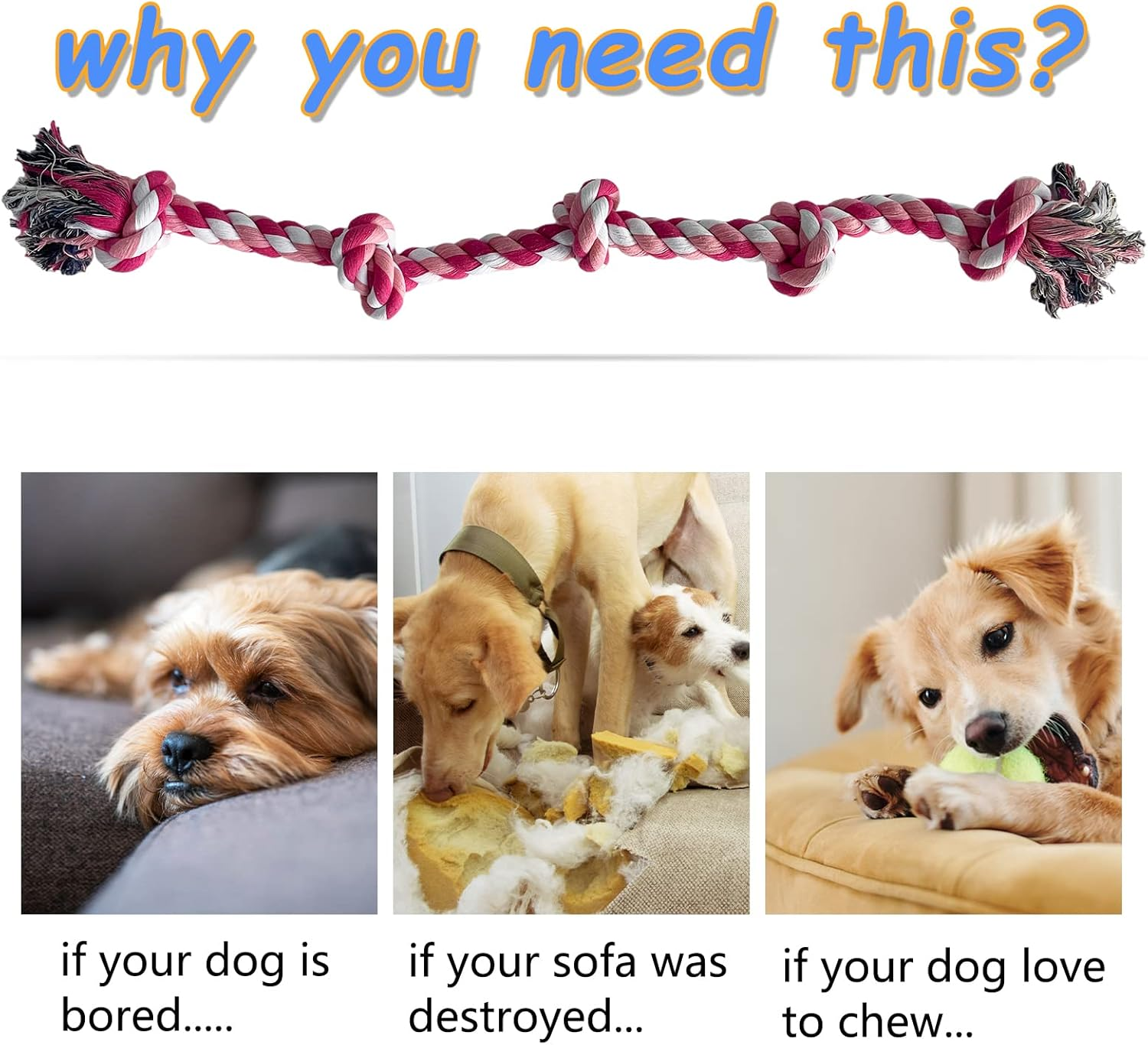 Lmlpt Dog Rope Toy for Large Aggressive Chewers, Heavy Duty Rope Chew Toy Indestructible Tough Tug of War Pink Dog Toys,3 Feet 5 Knots Interactive Cotton Ropes Toys for Large Breeds Teeth Cleaning - Blue image number 3