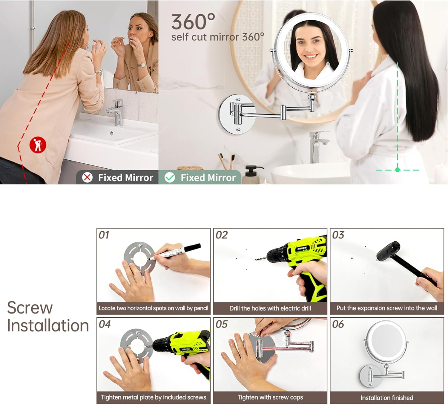 Wall Mounted Lighted Makeup Mirror, 8" Rechargeable Double-Sided Light up Magnifying Mirror 1X/10X, 3 Colors Led Vanity Mirror with Lights, Touch Dimmable 360&deg; Rotation Foldable image number 1