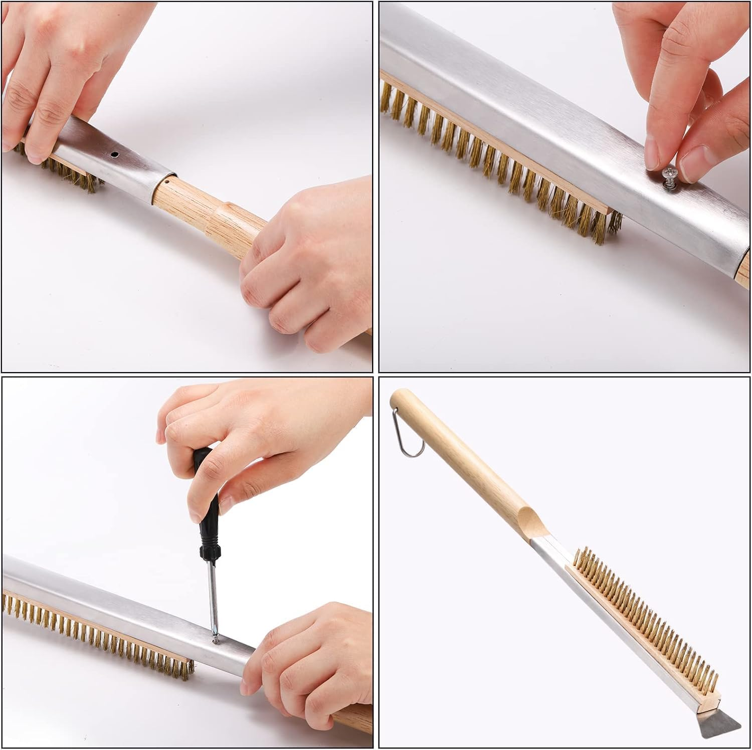 21'' Pizza Brush with Stainless Steel Stone Scraper - Brass Bristles - Wood Handle - Hanging Ring - Outdoor Pizza Oven Accessory - Compatible with Ooni, Gozney, Blackstone, Solo Stove Ovens (Standard) image number 4