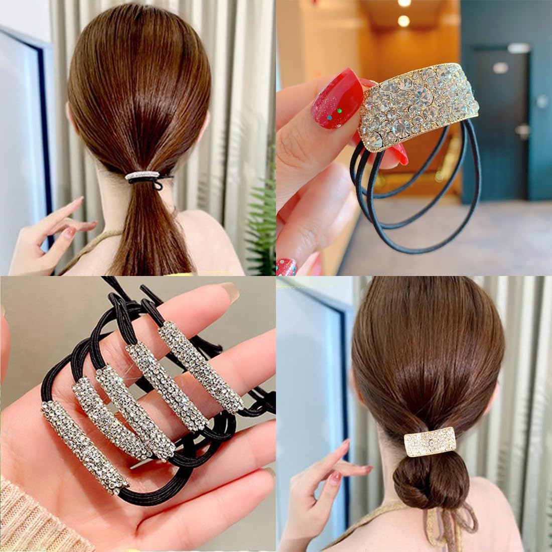 Gaodercha Pack of 5 Sparkling Rhinestone Ponytail Hair Ties 4 Styles Elegant Hair Accessories Decorative Fashion Silver Butterfly Knot Flower Ponytail Holder Bling Hair Accessories for Women Girls image number 1