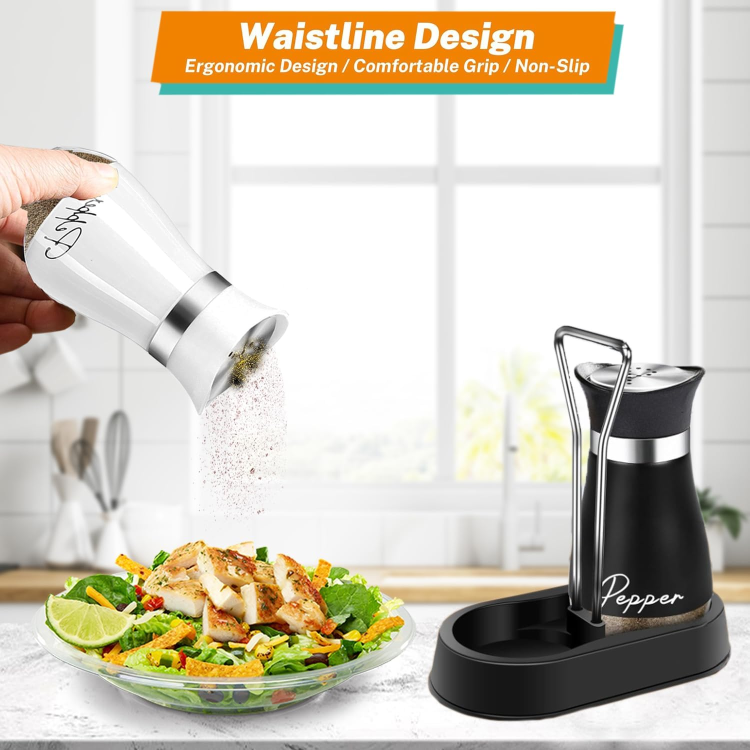 UDQYQ Salt and Pepper Shakers Set with Holder,Cruet Sets Stainless Steel Salt and Pepper with Glass Bottom,Refillable Salt Shaker Kitchen Gadgets for Counter Modern Decor Table (Black + White) - Black + White image number 2