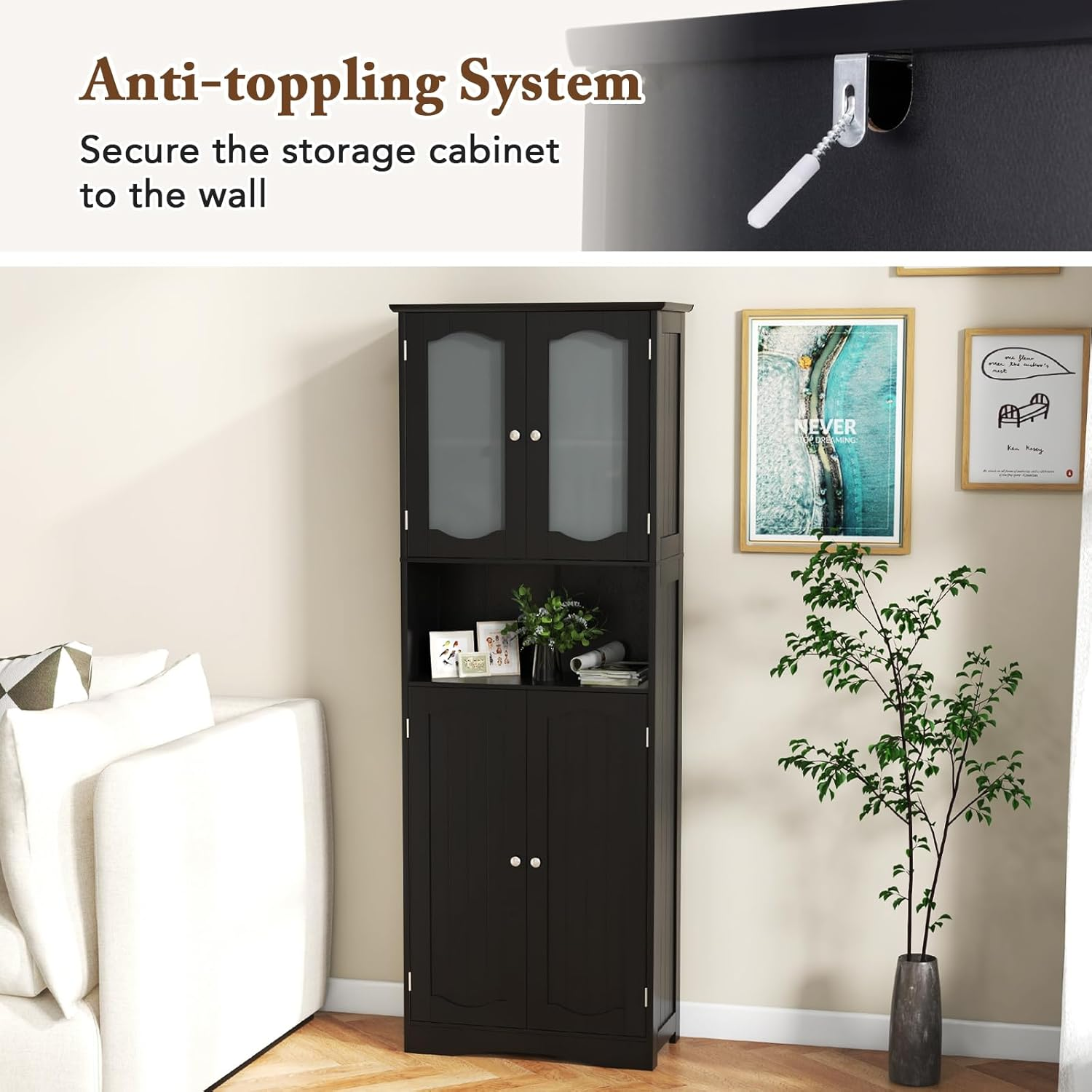 Giantex 164 Cm Tall Bathroom Storage Cabinet, Freestanding Linen Cabinet with Frost Glass Doors and Shelves, Kitchen Pantry Cabinet or Living Room Dining Room Office (Black) - Black image number 2