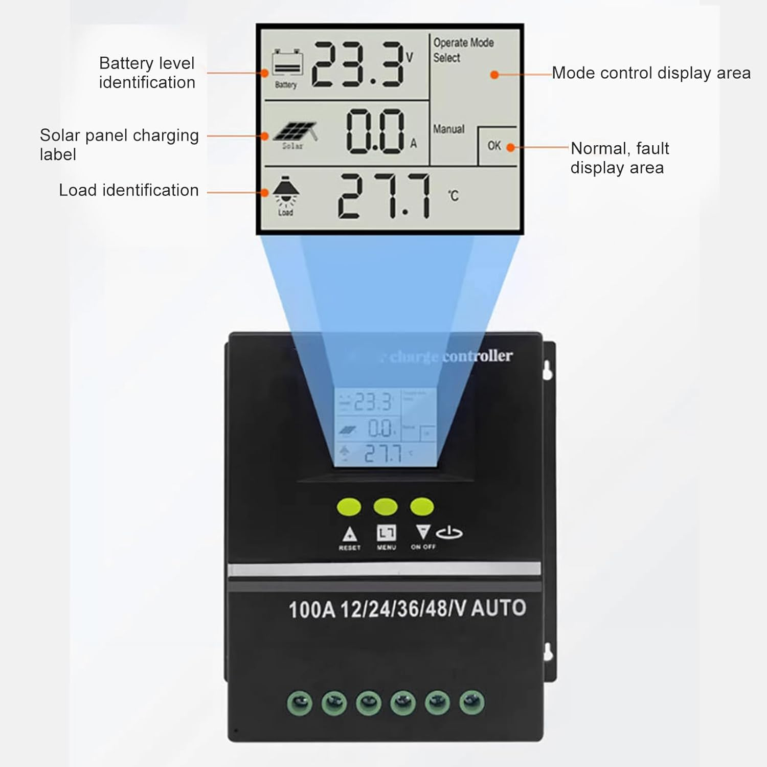 100A MPPT Solar Charge Controller with LCD Display and 7 Modes Charge Controllers 12V/24V/36V/48V Auto for Solar Panels