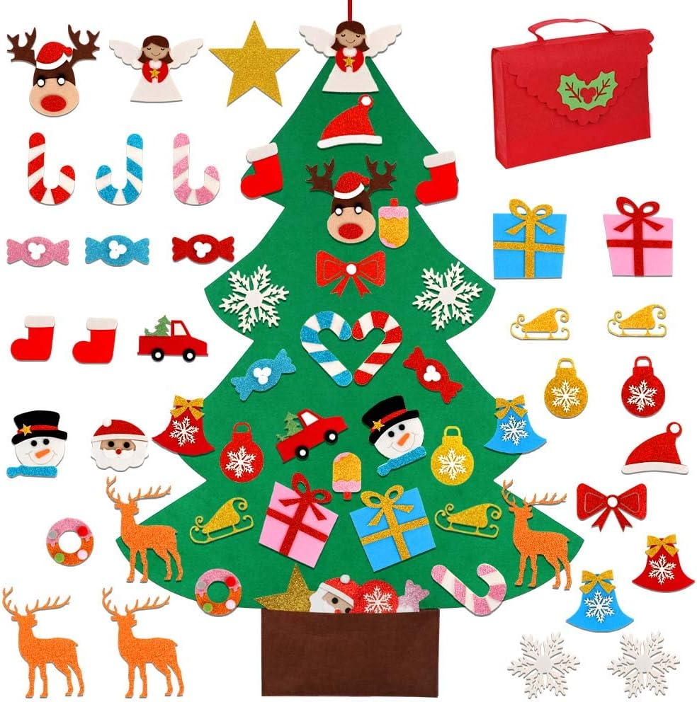 Ourwarm DIY Felt Christmas Tree for Kids, 3Ft Christmas Tree with 30Pcs Glitter Ornaments for Kids Xmas Gifts Christmas Door Wall Hanging Decorations