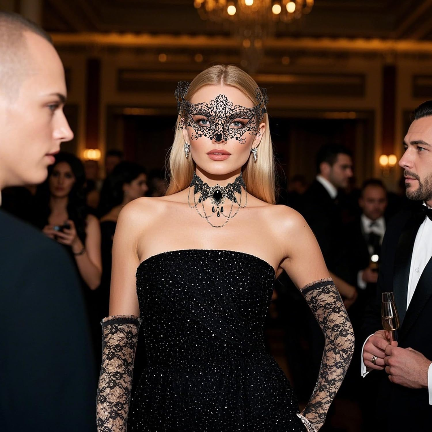 6 Pcs Masqueraders Mask Set Black Lace Eyemask Necklace Gloves Costume Accessories Party Halloween Jewelry for Women image number 2