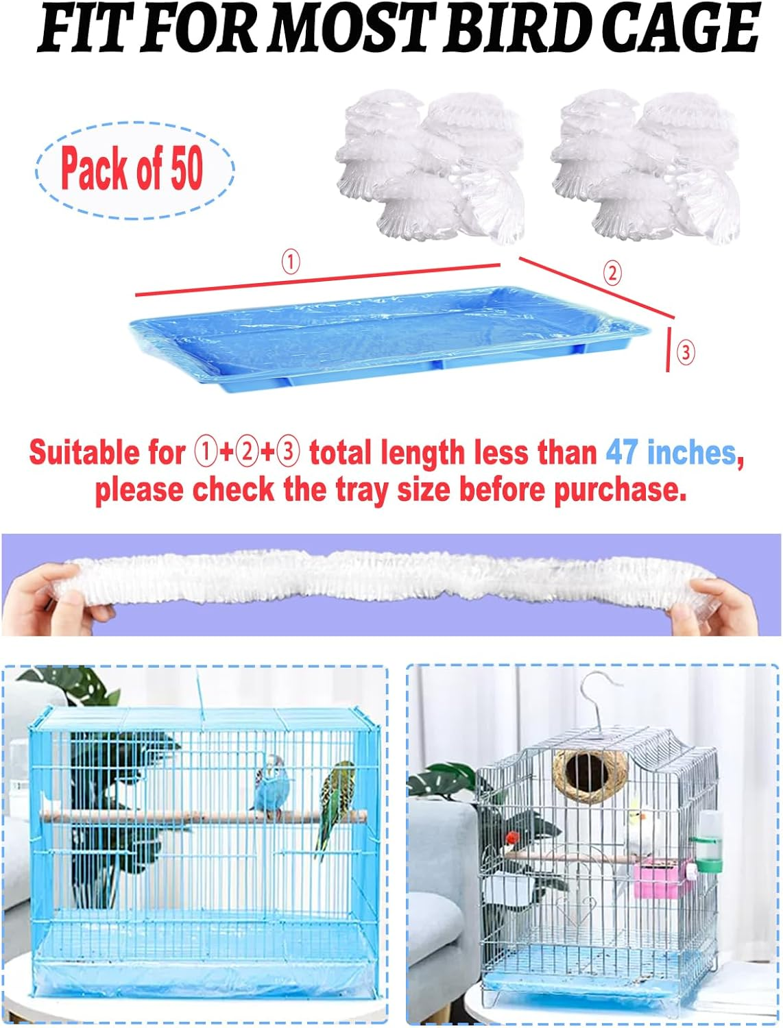 Niwaes Disposable Bird Cage Liners Clear Plastic Parakeet Cage Liner Bag - 50 Pcs Parrot Cage Tray Liners Universal Film Bird Cage Accessories for Finches Canaries Cockatiels Birdcage image number 5