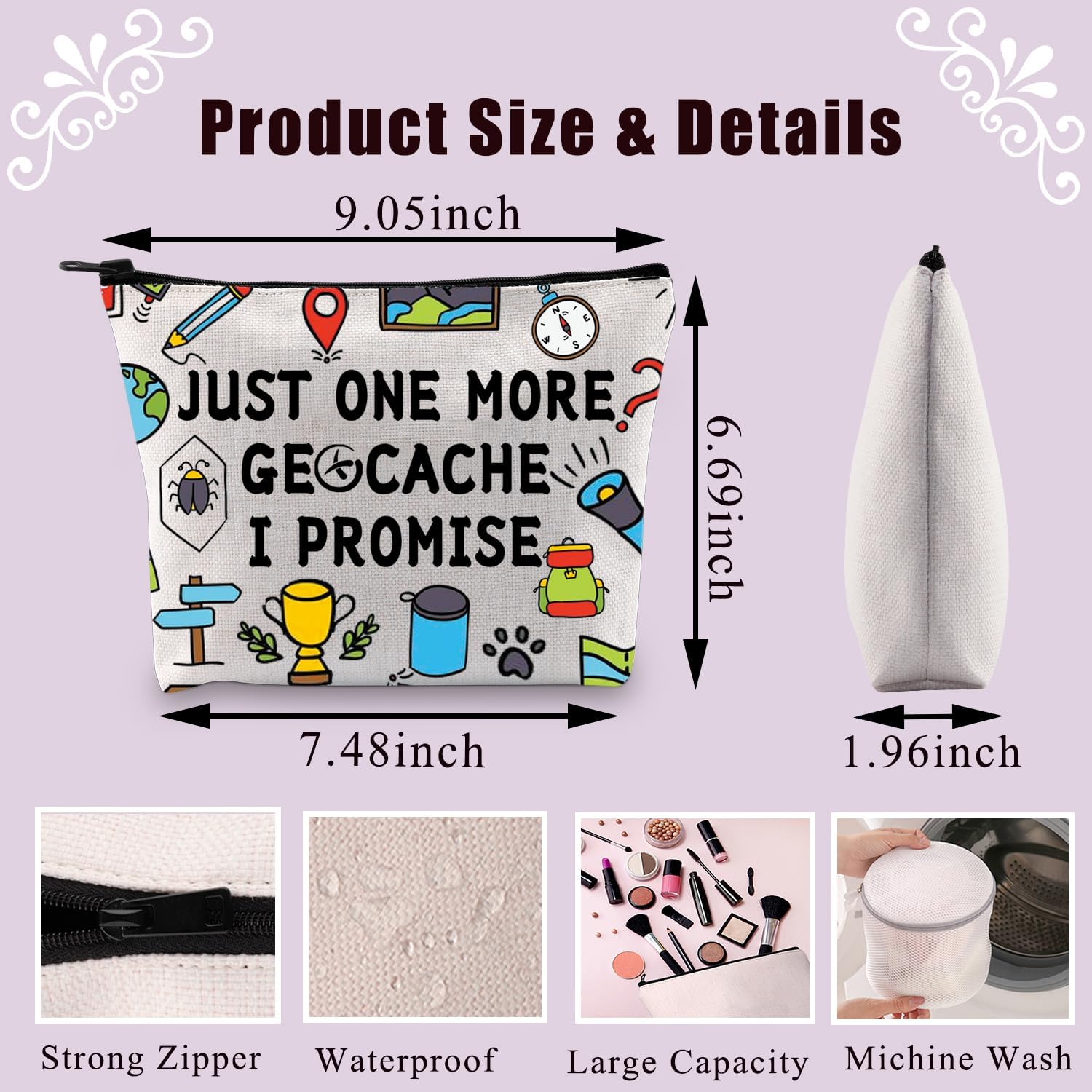 PLITI Funny Geocaching Gift for Geocacher Gift Just One More Geocache I Promise Makeup Bag Outdoor Lover Travel Bag, More Geocache U, Fashionable image number 2