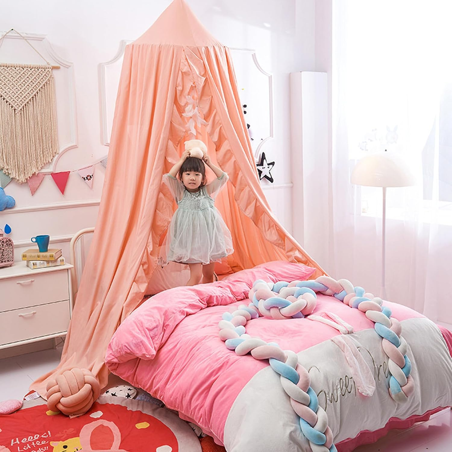 Princess Decor Canopy for Kids Bed, Soft and Durable Bed Canopy for Girls Room Tent Canopy Dreamy Mosquito Net Bedding, Children Reading Canopies Indoor (Pink)
