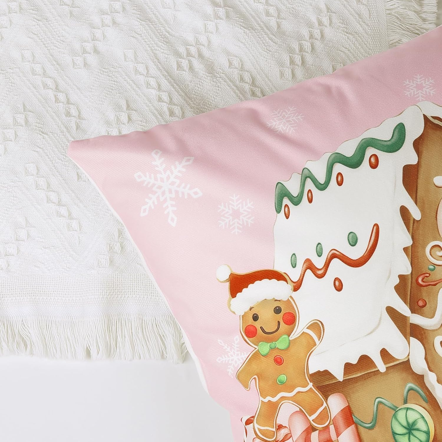 Bonhause Christmas Gingerbread Cushion Covers 45 X 45 Cm Xmas Truck House Hot Cocoa Pink Decorative Throw Pillow Covers for Sofa Bed Home Winter Holiday Decor Set of 4 image number 1