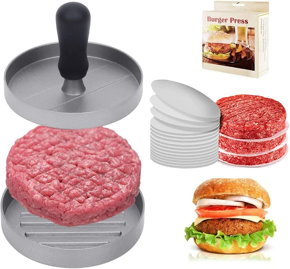 Non-Stick Aluminum Burger Press with 100Pcs Patty Papers, Aufondof 4.5 Inch Hamburger Patty Maker Mold, Hamburger Press Patty, Burger Mold Rings Easy Release for Meat, Beef, Veggie Burger, BBQ image number 2