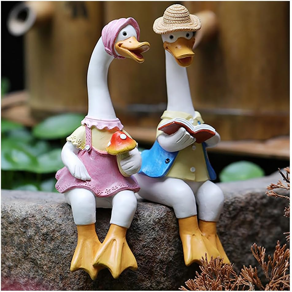2 Pcs Sitting Couple Duck Garden Statues, Outdoor Statues Standing Duck Garden Animal Sculpture, for Home Office Patio Lawn Yard Ornaments (2PCS) image number 3