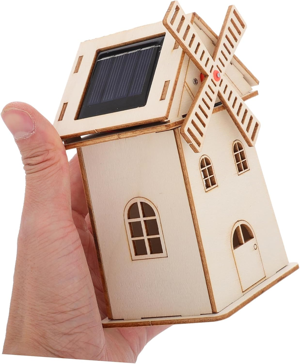 CIYODO Solar Windmill Science Model Wooden Windmill House Prop Kids Science Toy Solar Powered House Toy Model Unfinished Windmill House Prop Assembly Solar Power Toy image number 5