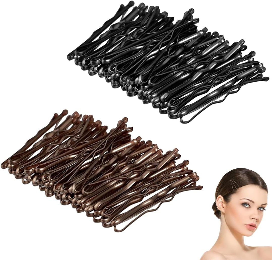 OUDQFCJ Pack of 100 Mini Hair Pins, Bobby Pins, Small Wavy Hair Pins, Metal Hair Clips for Women, Girls, Children, Buns, Long Straight Hair (5 Cm) (Brown and Black)