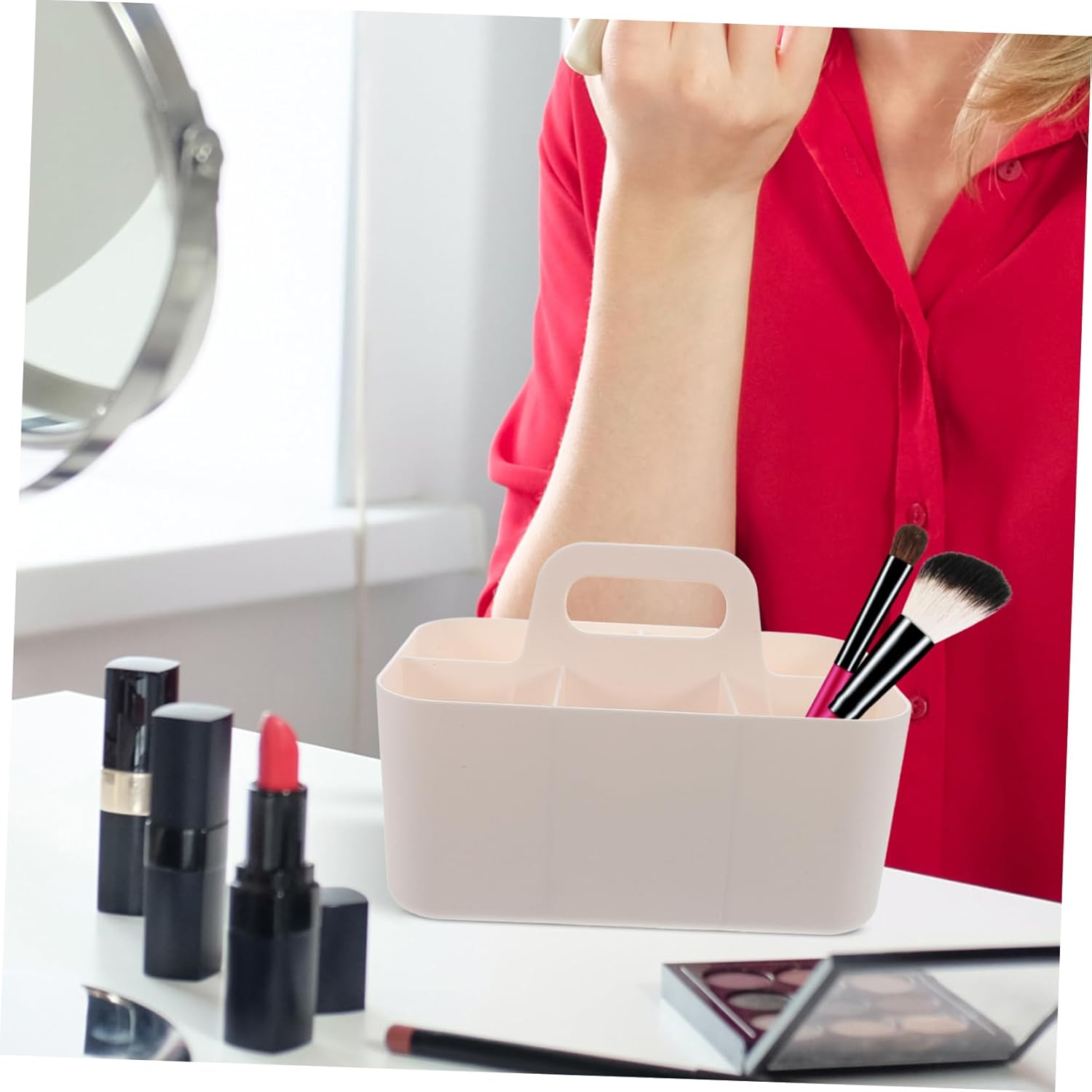 KALLORY Stationery Storage Box Divided Desk Organizer Caddy Handle Aesthetic Makeup Organiser for Office Supplies Student Bathroom - White image number 5