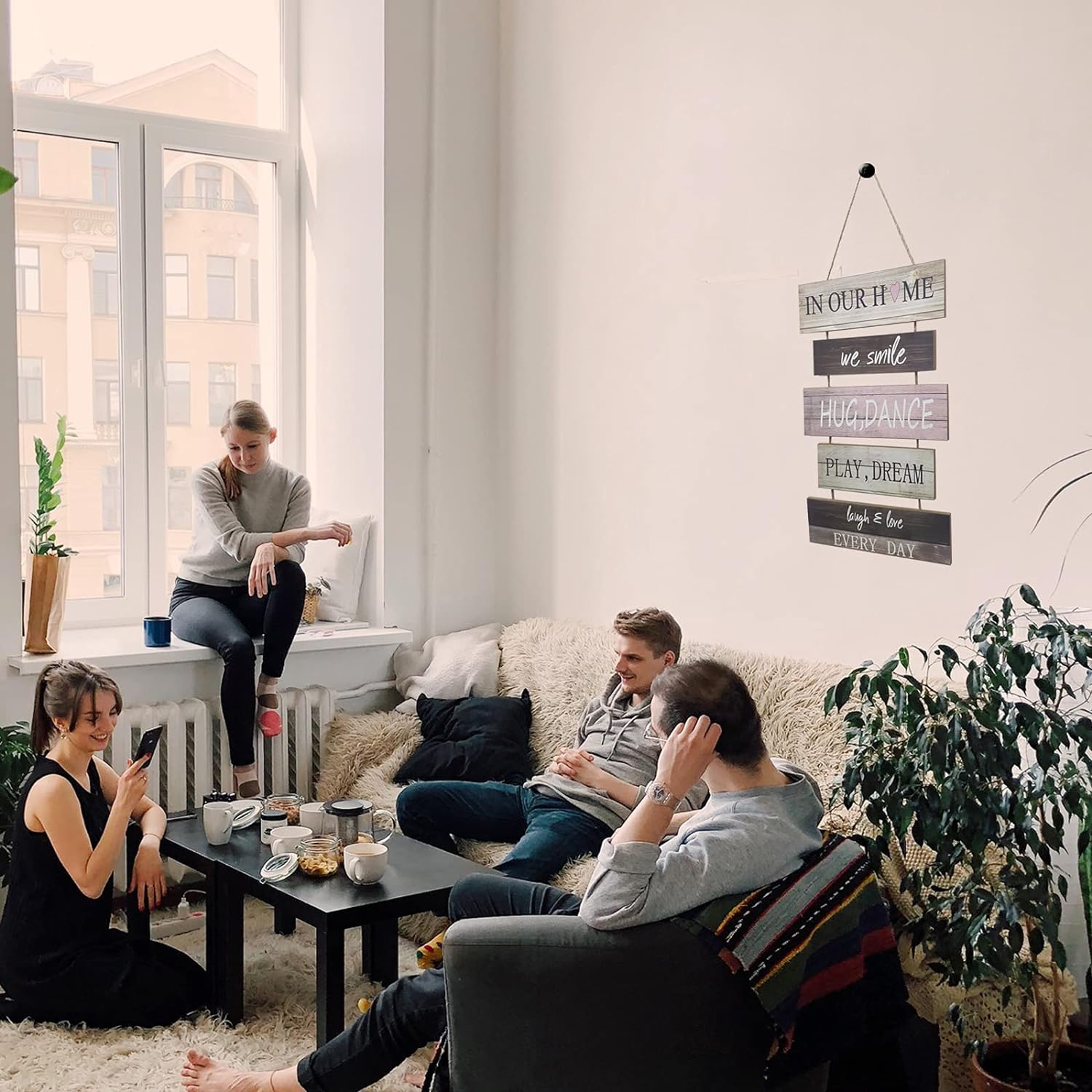 Gywyw Wall Hanging Sign, Rustic Wooden Hanging Welcome Wall Sign Decor, (We Smile, Hug, Play, Dream, Laugh & Love Every Day) - Home Wall Decoration Sign for Living Room, Bedroom, Family, Farmhouse And image number 2