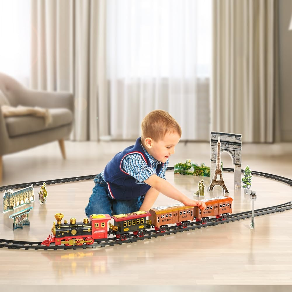 Train Sets with Steam Locomotive Engine, Cargo Car and Tracks, Battery Powered Play Set Toy W/Smoke, Light & Sounds, for Kids, Boys & Girls 3 4 5 6 7 Years Old image number 1